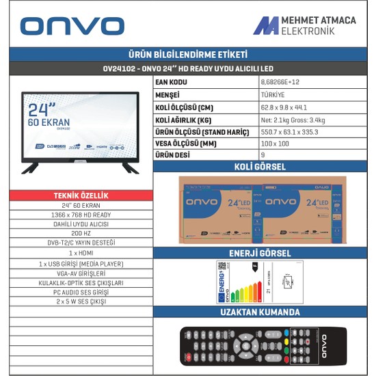 Onvo OV24102 24" 60 Ekran Uydu Alıcılı HD LED TV