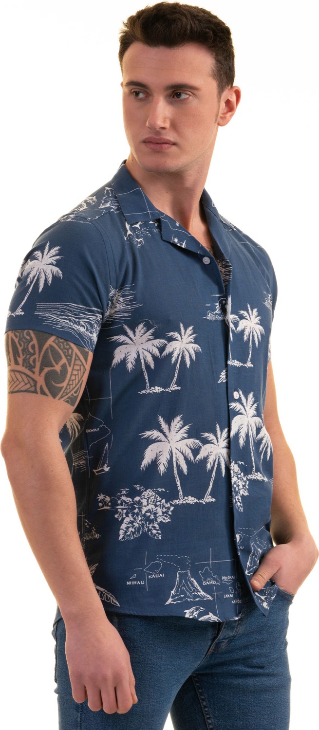 Exve Exclusive Indigo Mavi Hawaii Pamiye Desen Baskılı Nefes Alan Slim Fit Kısa Kollu Erkek Gömlek
