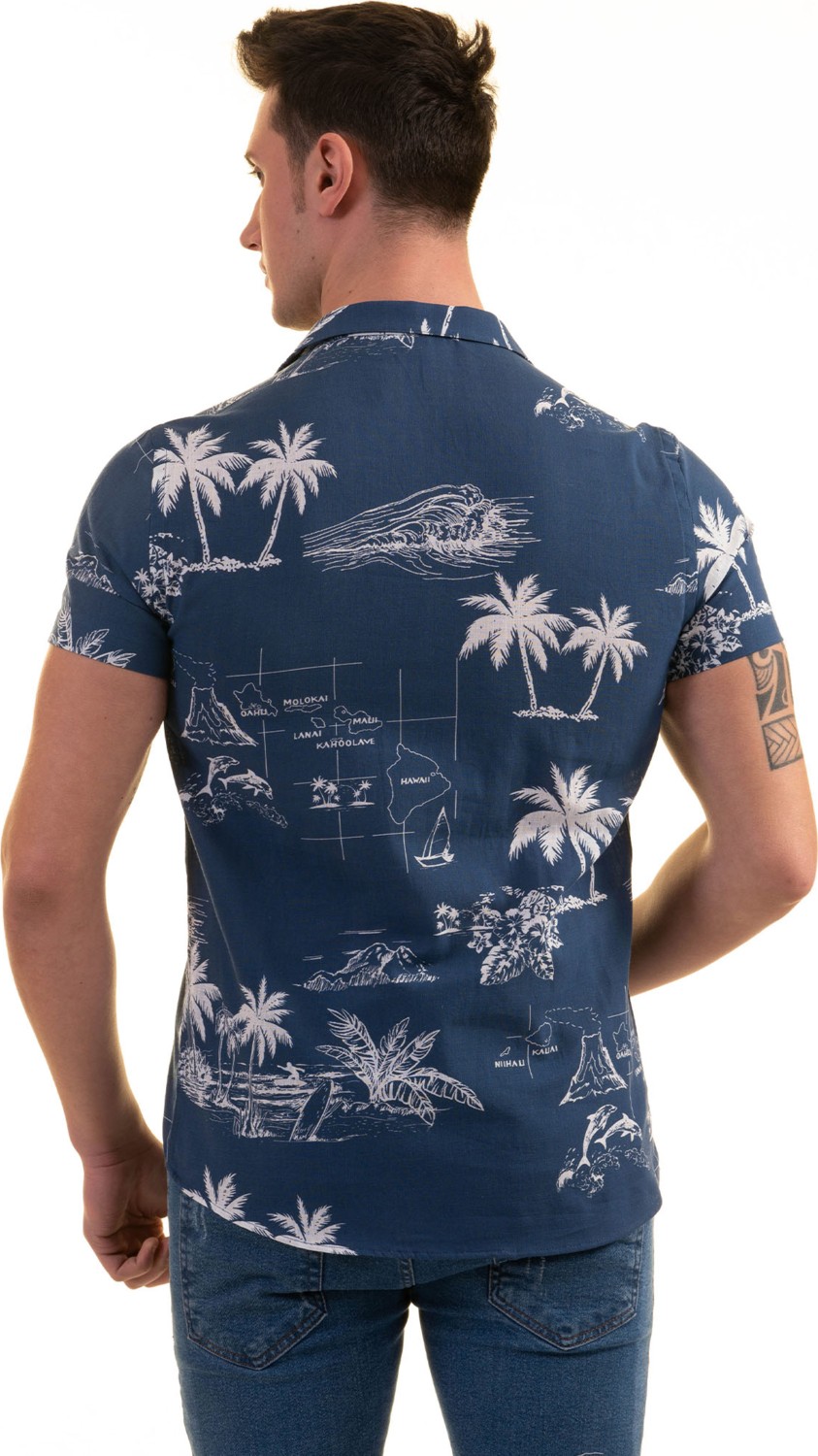 Exve Exclusive Indigo Mavi Hawaii Pamiye Desen Baskılı Nefes Alan Slim Fit Kısa Kollu Erkek Gömlek görsel 3