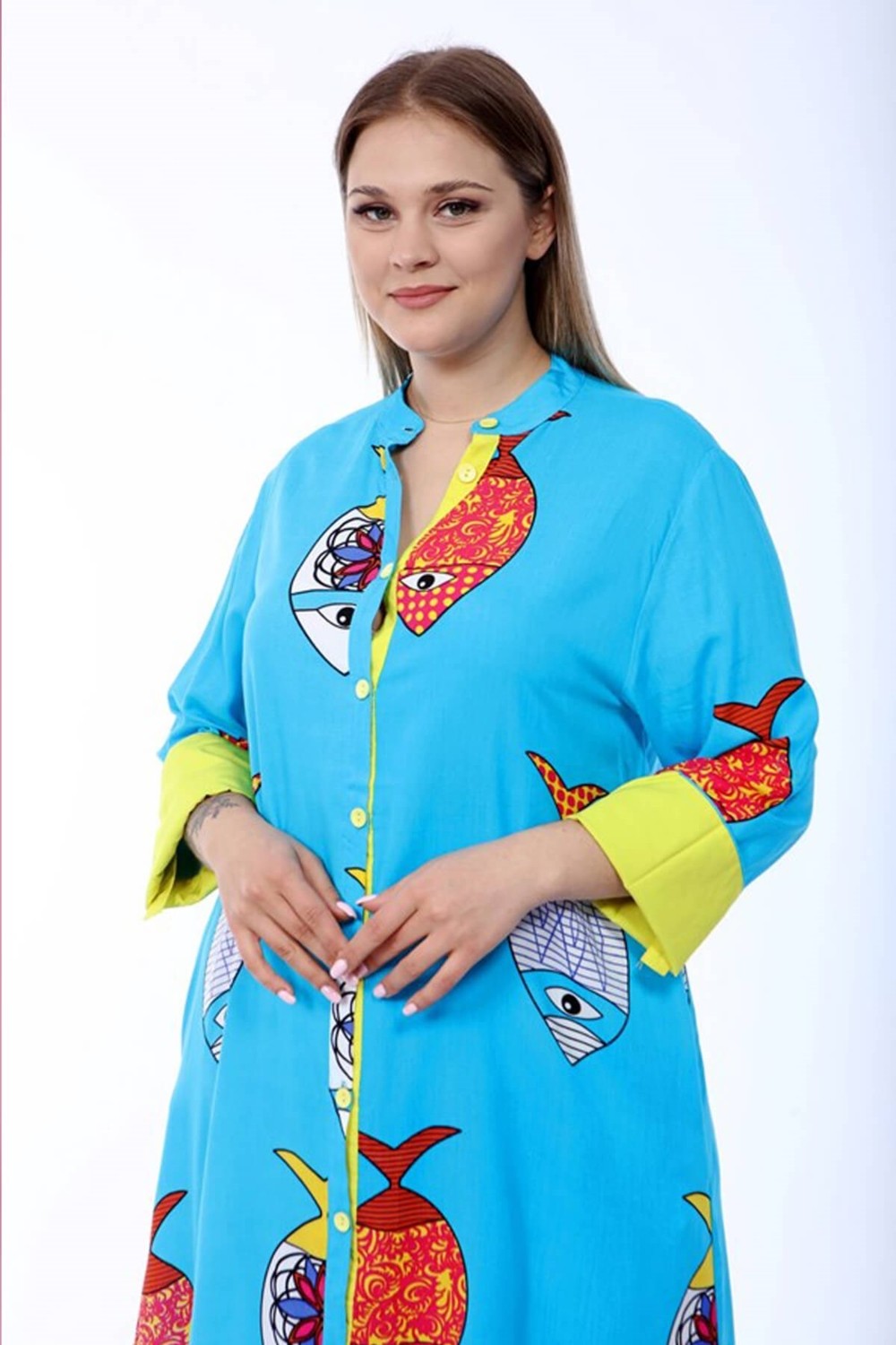 Mia Butik Büyük Beden Turkuaz Balık Desenli Elbise