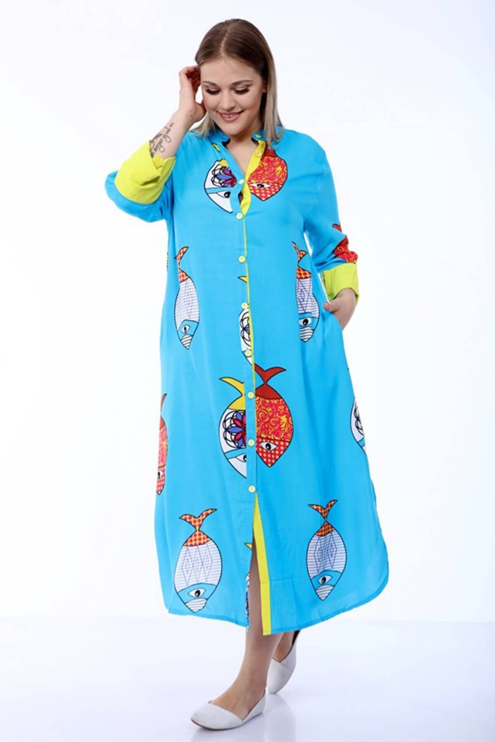 Mia Butik Büyük Beden Turkuaz Balık Desenli Elbise görsel 3