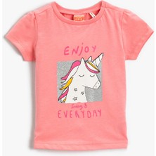 Koton Kız Bebek Kısa Kol Unicorn Baskılı Pamuklu Tişört Bisiklet Yaka Pembe