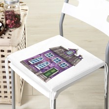 RealHomes Minyatür Mor Ev Çizimli Dijital Baskılı Modern Fermuarlı Sandalye Minderi