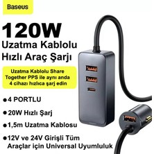 Baseus Share Together Pps 120W 4 Portlu (3 Usb+1 Type-C) Hızlı Araç Şarjı 1.5m