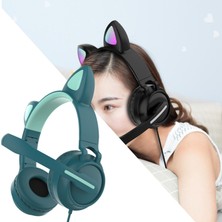 Waysle Pc Oyunları Için Kedi Kulak Surround Ses Kablolu Kulaklık Tv Çevrimiçi Eğitim Yeşil (Yurt Dışından)