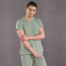 Çizgi Medikal Küf Yeşili Doktor Hemşire Forması Scrubs Terikoton Takım (Ince Kumaş) Yarasa Kol Hemşire Üniforması