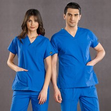 Çizgi Medikal Saks Mavi Doktor Hemşire Forması Scrubs Terikoton Takım (Ince Kumaş) Yarasa Kol Hemşire Üniforması