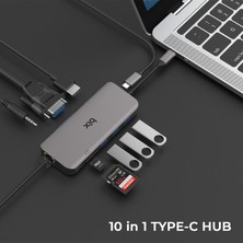 Bix BX11HB 10in1 Type-C Hub 4K@30Hz HDMI - VGA, Aux, PD Şarj, 1Gbps RJ45, 3x USB 3.0, Micro SD / SD Kart Okuyucu Dönüştürücü HUB