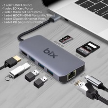 Bix BX10HB Type-C to 4K HDMI 3*USB-A Gigabit Ethernet PD 100W SD ve Micro SD Kart Okuyucu Çoklayıcı Hub