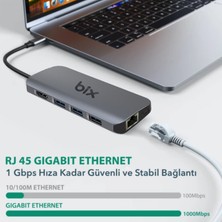 Bix BX10HB Type-C to 4K HDMI 3*USB-A Gigabit Ethernet PD 100W SD ve Micro SD Kart Okuyucu Çoklayıcı Hub