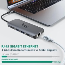 Bix BX10HB Pro Type-C to 4K 60Hz HDMI 3*USB 3.2 Gigabit Ethernet PD 100W Micro SD Kart Okuyucu Çoklayıcı Hub