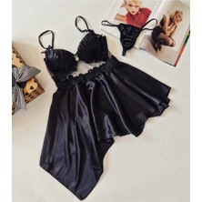 Çeyize Dair Herşey Gyve Black Saten Gecelik Set 6061
