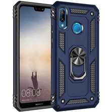 Ceppare Huawei P20 Lite Kılıf Vega Tank Yüzüklü Standlı Silikon Çift Katmanlı Koruma Mavi