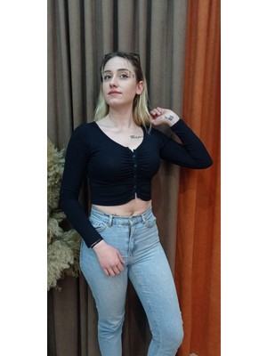 Boutique Bordo Kadın Düğmeli Kaşkorse Crop Bluz