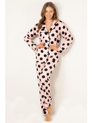 Doremi Puantiyeli Doğal Viskon Soft Yumuşak Düğmeli Pijama Takımı