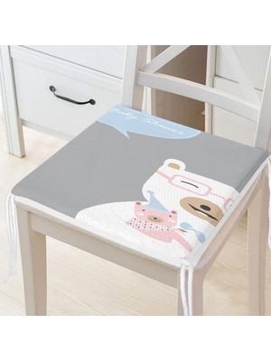 RealHomes Gri Zeminde Anne ve Yavru Ayı Baby Shower Dijital Baskılı Çocuk Odası Fermuarlı Sandalye Minderi