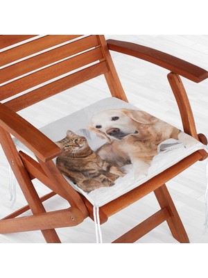 RealHomes Sevimli Kedi ve Köpek Dijital Baskılı Modern Fermuarlı Sandalye Minderi