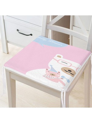 RealHomes Pembe Zeminde Anne ve Yavru Ayı Baby Shower Dijital Baskılı Çocuk Odası Fermuarlı Sandalye Minderi