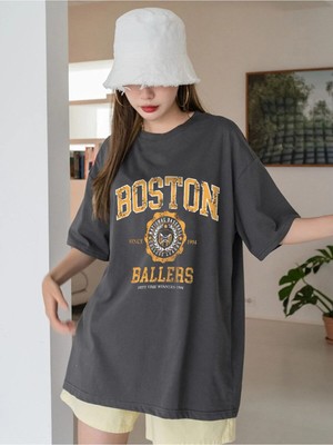 Trendseninle Kadın Füme Boston Baskılı Oversize Tişört