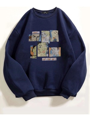 Trendseninle Kadın Lacivert Karikatür Baskılı Oversize Sweatshirt