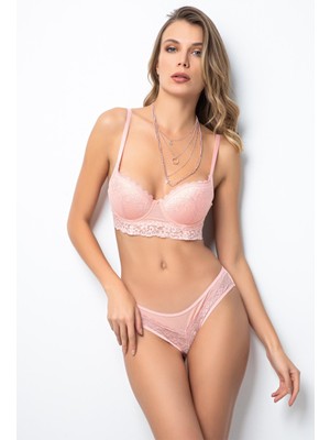 Doremi Push-Up Dolgulu Geniş Kanatlı Dantelli Sütyen Takım Somon Renkli Kadın İç Giyimi