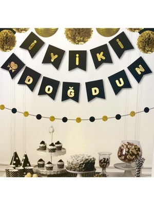 Cadde Süs Gold Iyiki Doğdun Yazılı Siyah Zeminli Banner Bayrak