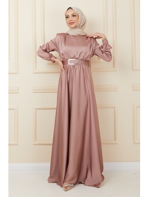 Pudra Omuz Vatkalı Mevlana Saten Tesettür Abiye
