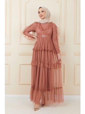 İmaj Butik Kat Kesim Kol Fırfır Detaylı Tül Tesettür Abiye/somon