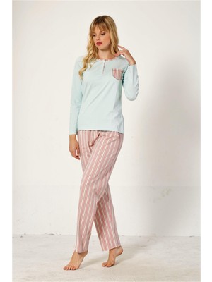 Pembe Beyaz Çizgili Yuvarlak Yaka 3 Düğme Cepli Pijama Takımı