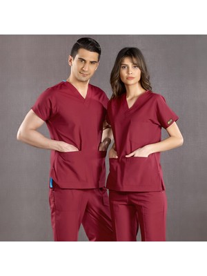 Çizgi Medikal Bordo Doktor Hemşire Forması Scrubs Terikoton Takım (Ince Kumaş) Yarasa Kol Hemşire Üniforması