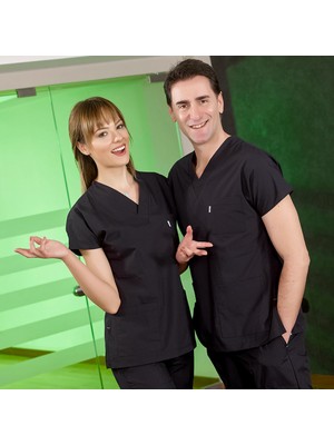 Çizgi Medikal Siyah Doktor Hemşire Forması Scrubs Terikoton Takım (Ince Kumaş) Yarasa Kol Hemşire Üniforması