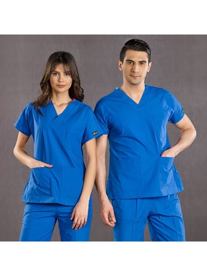 Çizgi Medikal Saks Mavi Doktor Hemşire Forması Scrubs Terikoton Takım (Ince Kumaş) Yarasa Kol Hemşire Üniforması