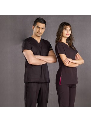 Çizgi Medikal Siyah Doktor Hemşire Forması Scrubs Dr Greys Likralı Takım (Esnek Kumaş) Yarasa Kol Hemşire Üniforması