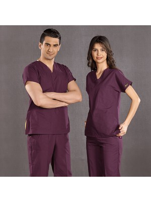 Çizgi Medikal Mürdüm Doktor Hemşire Forması Scrubs Dr Greys Likralı Takım (Esnek Kumaş) Yarasa Kol Hemşire Üniforması