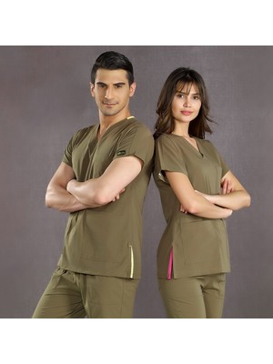 Çizgi Medikal Haki Yeşil Doktor Hemşire Forması Scrubs Dr Greys Likralı Takım (Esnek Kumaş) Yarasa Kol Hemşire Üniforması