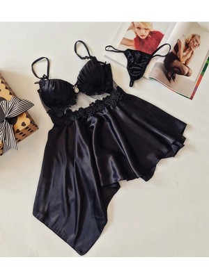 Çeyize Dair Herşey Gyve Black Saten Gecelik Set 6061
