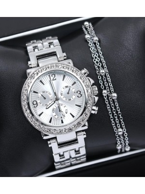 Vega Gift Shop Gümüş Renk Taşlı Kadın Kol Saati & Gümüş Renk Bileklik Hediye Seti