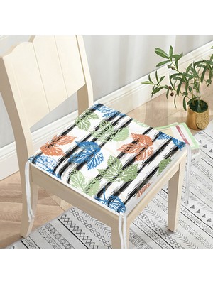 RealHomes Beyaz Zemin Üzerinde Renkli Yaprak Desenli Dijital Baskılı Modern Fermuarlı Sandalye Minderi