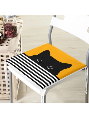 RealHomes Sarı Zemin Çizgili Motif Kara Kedi Tasarımlı Modern Fermuarlı Sandalye Minderi