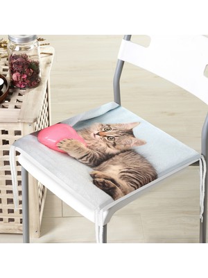 RealHomes Sevimli Kedi Desenli Dijital Baskılı Modern Fermuarlı Sandalye Minderi