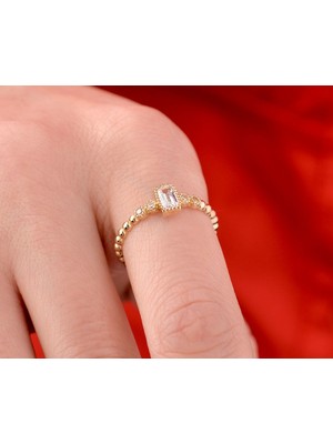 Onseva Kuyumculuk Baget Taşlı Kadın 14 Ayar Altın Bead Boncuk Yüzük