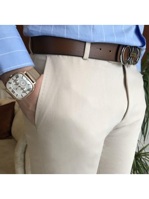 Terzi Adem Italyan Stil Slim Fit Erkek Kumaş Pantolon Krem T7148