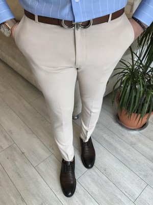 Terzi Adem Italyan Stil Slim Fit Erkek Kumaş Pantolon Krem T7148