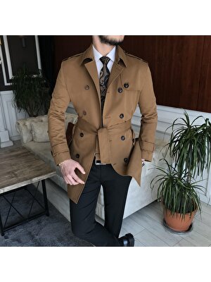 Terzi Adem Italyan Stil Slim Fit Mevsimlik Erkek Trençkot Mont Camel T6634