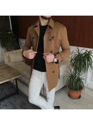 Terzi Adem Italyan Stil Slim Fit Mevsimlik Erkek Trençkot Mont Camel T6634