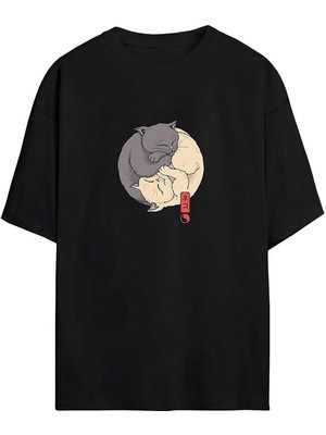 Yingyang Kedi Baskılı Tasarım Tshirt