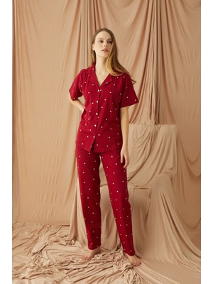 Makkash Kadın Pamuklu Bordo Önden Düğmeli Kalp Detaylı Kısa Kollu Pijama Takımı