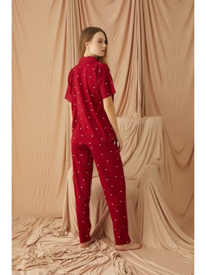 Makkash Kadın Pamuklu Bordo Önden Düğmeli Kalp Detaylı Kısa Kollu Pijama Takımı