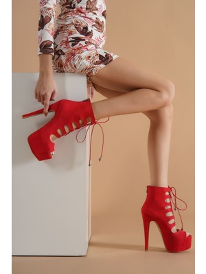 Moda Radikal Prada Kırmızı Süet Kadın Topuklu Ayakkabı