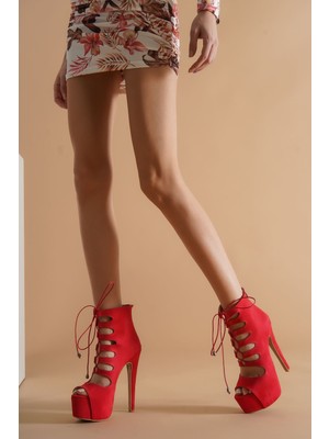 Moda Radikal Prada Kırmızı Süet Kadın Topuklu Ayakkabı